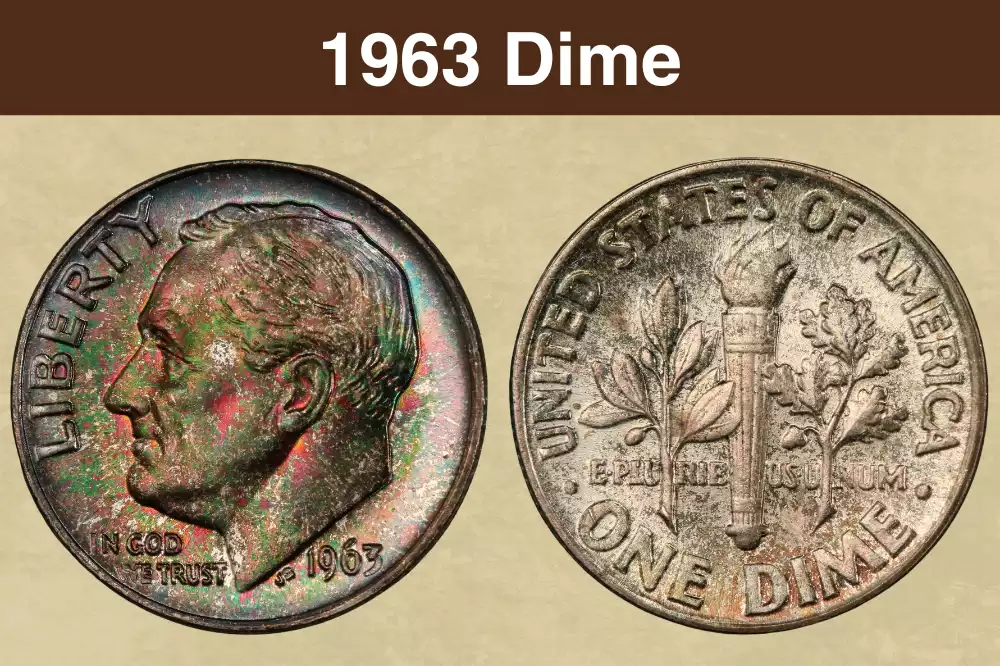 1963 Roosevelt dime obverse and reverse showing 90% silver composition and John R. Sinnock design