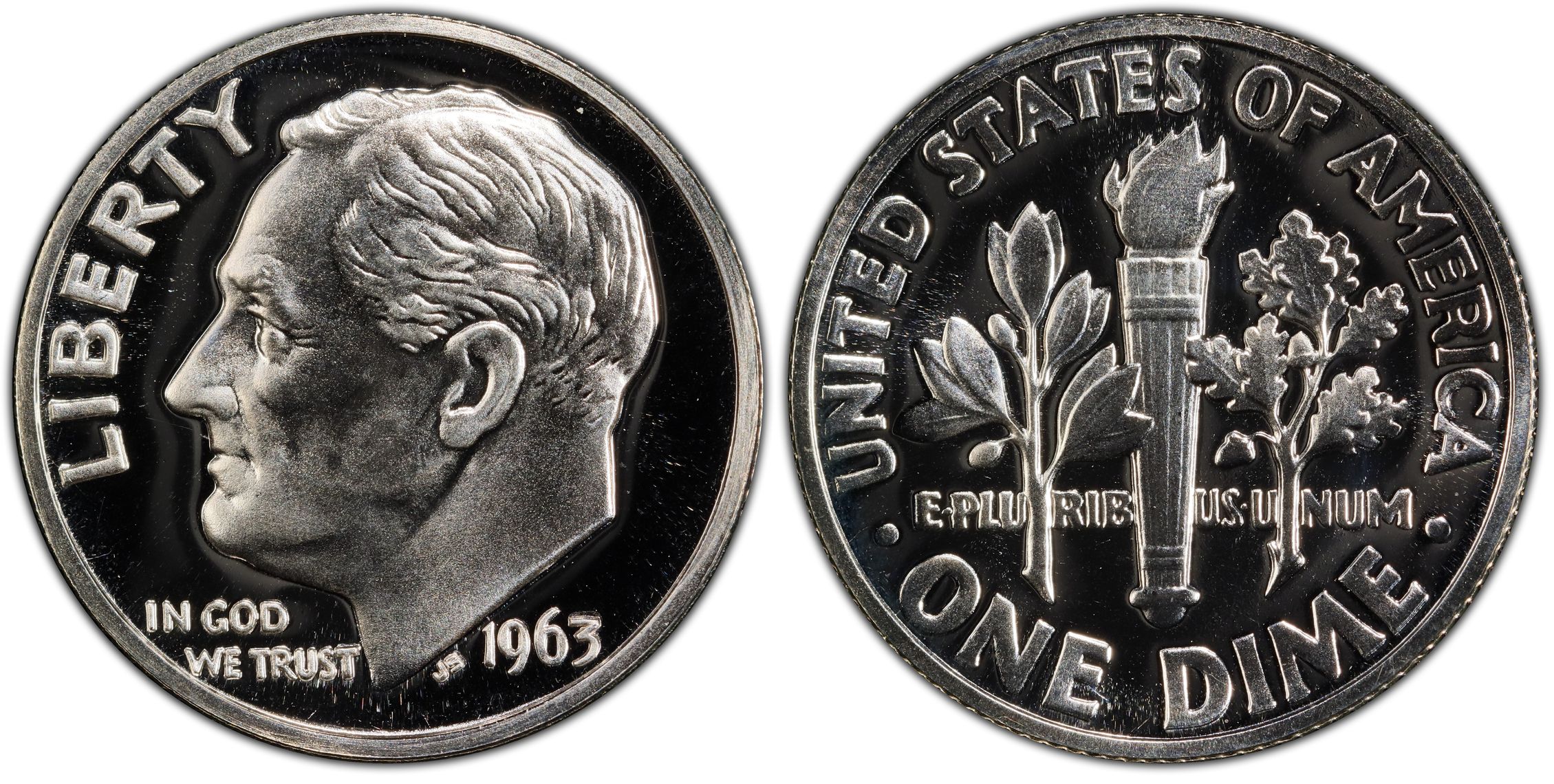 Side-by-side comparison of normal 1963 dime reverse versus Doubled Die Reverse FS-805 showing doubling on ONE DIME lettering