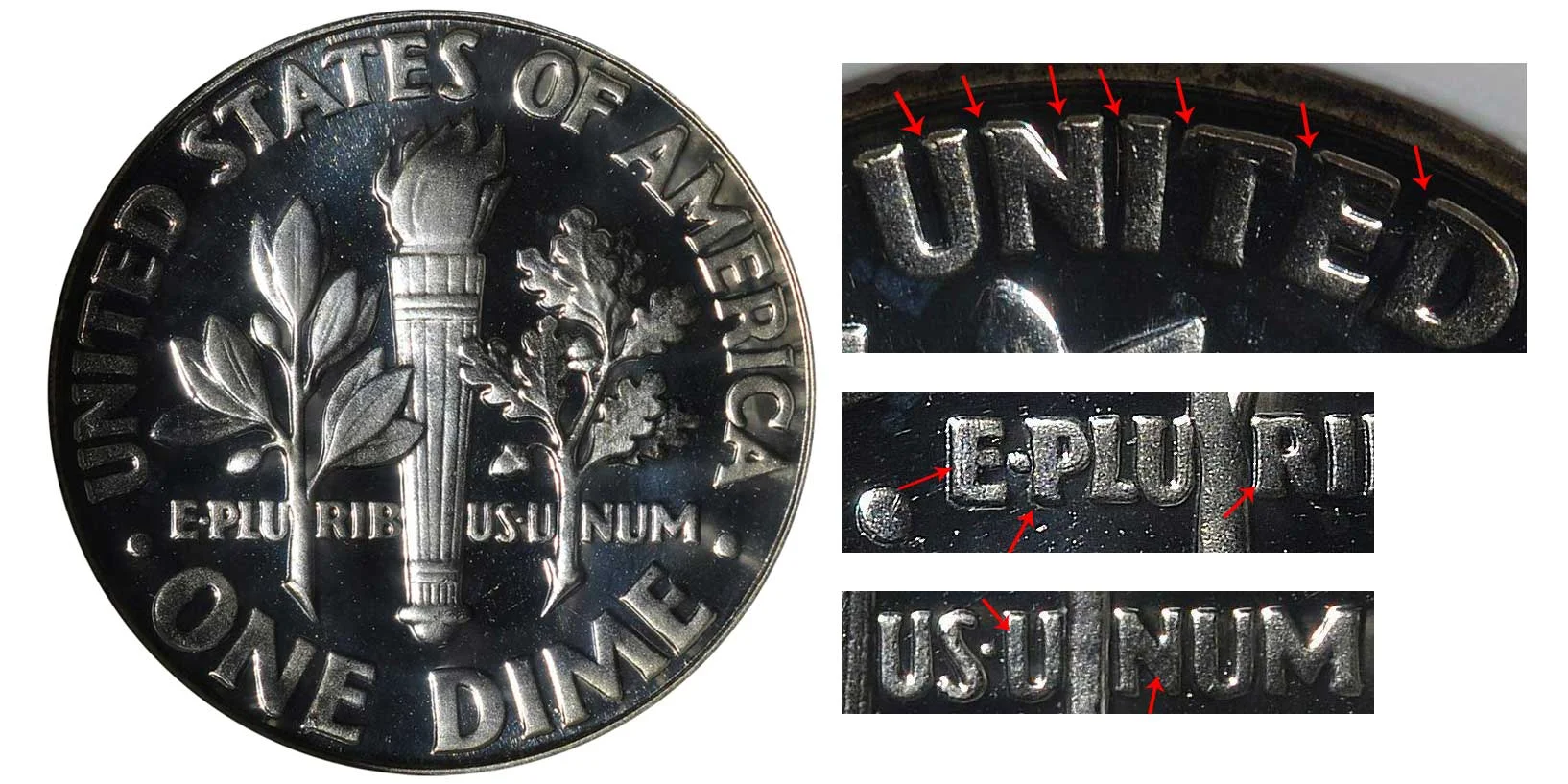 1963 dime Doubled Die Reverse FS-805 close-up showing doubling on ONE DIME lettering