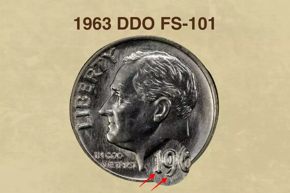 1963 dime obverse close-up showing Doubled Die Obverse FS-101 doubling on Roosevelt portrait lettering