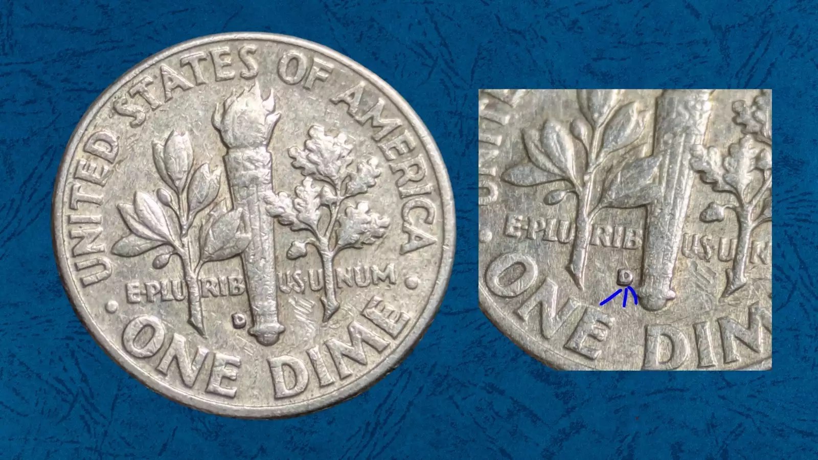 1963-D dime Repunched Mint Mark RPM-001 close-up showing secondary D mint mark impression