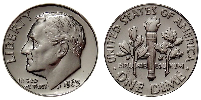 1963 Roosevelt dime grading strip showing four condition tiers from worn to gem mint state